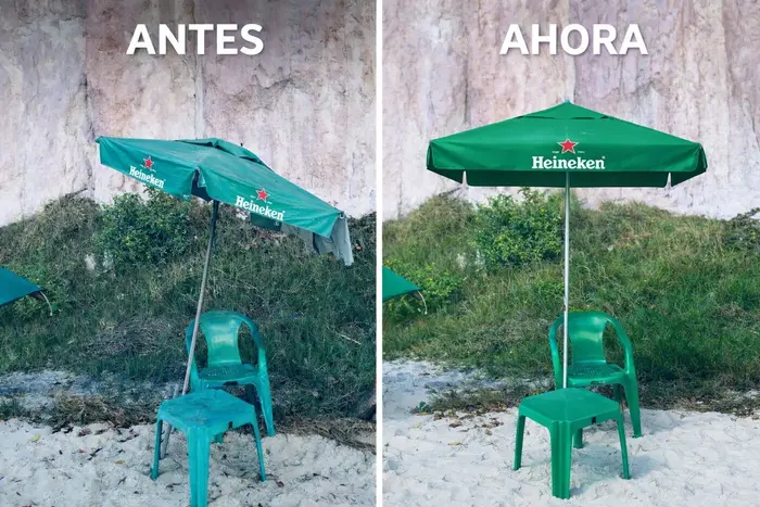 Sombrilla Heineken antes y después del cambio de lona
