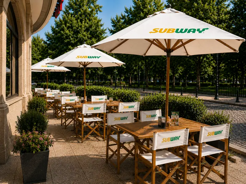 Combo sombrilla personalizada con mesas y sillones para terraza — fábrica en Buenos Aires